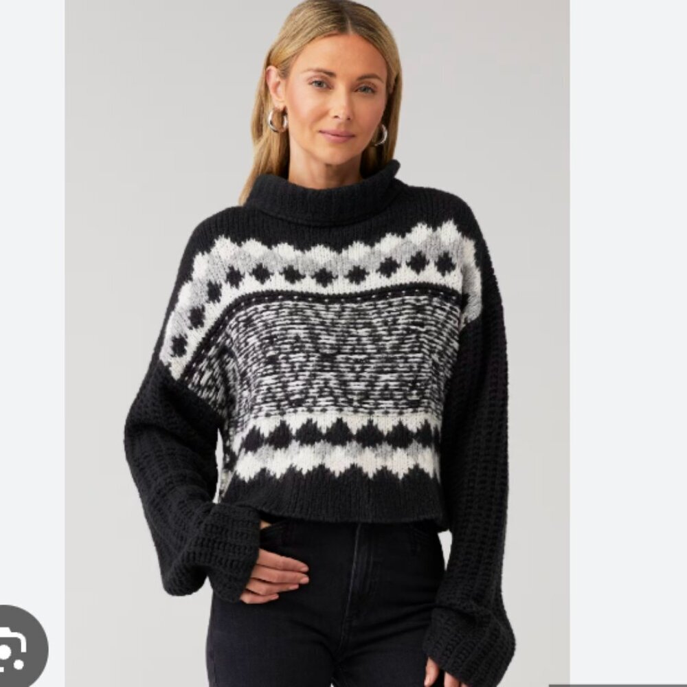 FP Alpine Wool Blend Knit Chunky Boxy Jacquard Fair Isle Sweater Black Gray S